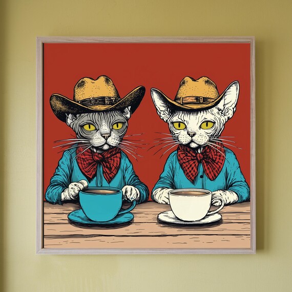 Twin Cowboy Sphynx Cats With Coffee Cups Retro Western Poster