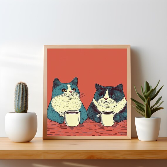 Cat Art Print Quirky Coffee Bar Decor Funny Poster Kitchen Dopamine Wall Gift For Lovers