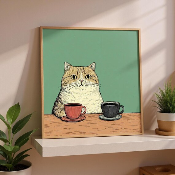 Orange Tabby Cat Two Coffees Fun Morning Retro Kitchen Wall Poster