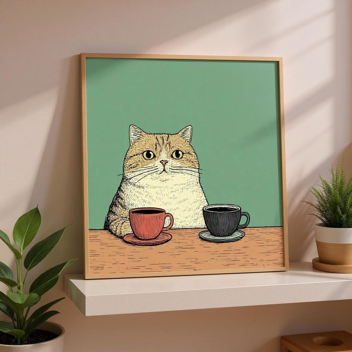 Orange Tabby Cat Two Coffees Fun Morning Retro Kitchen Wall Poster