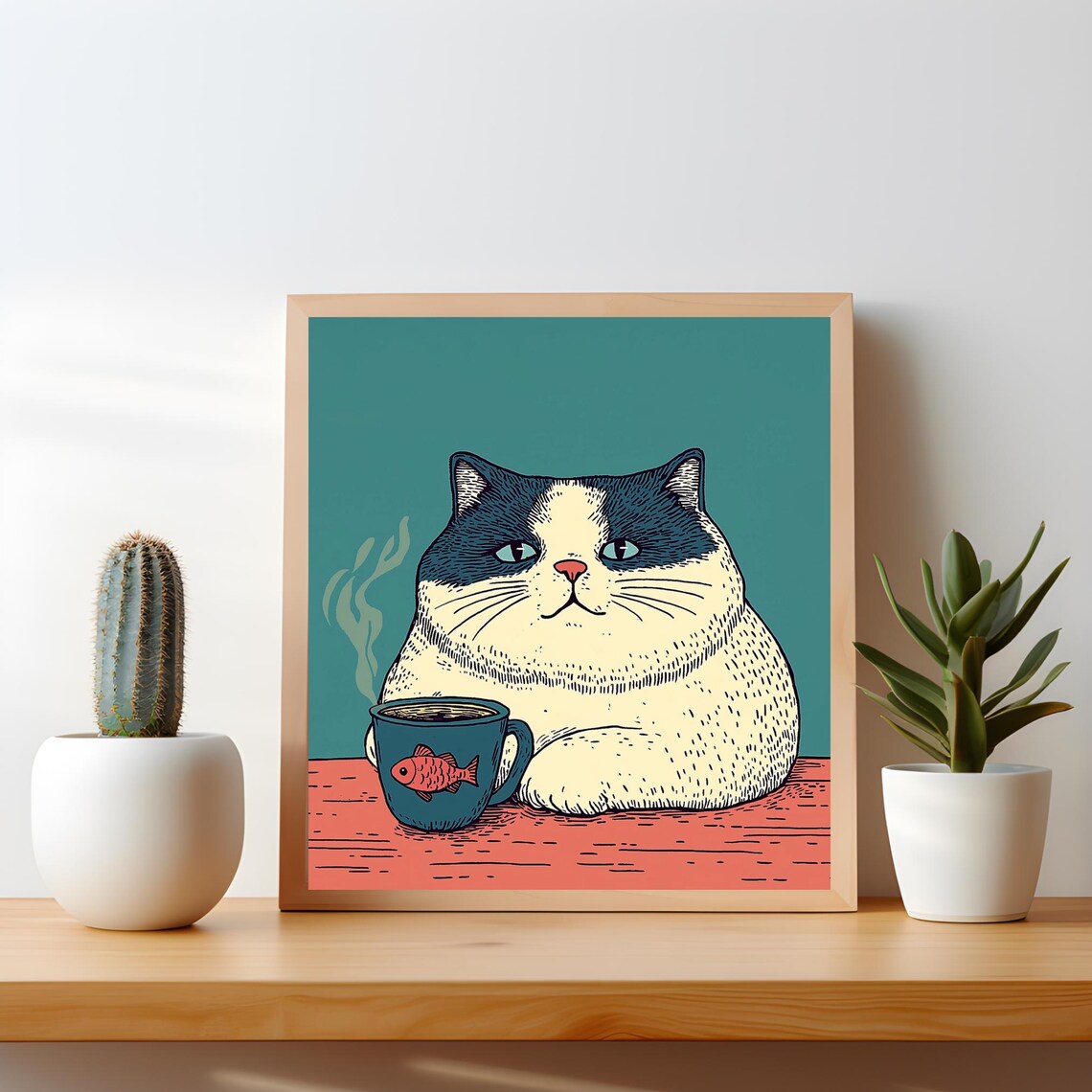 Funny Fat Cat Coffee Poster Quirky Lover Wall Art Chubby Drinking Print Cozy Kitchen Decor And Caffeine Gift
