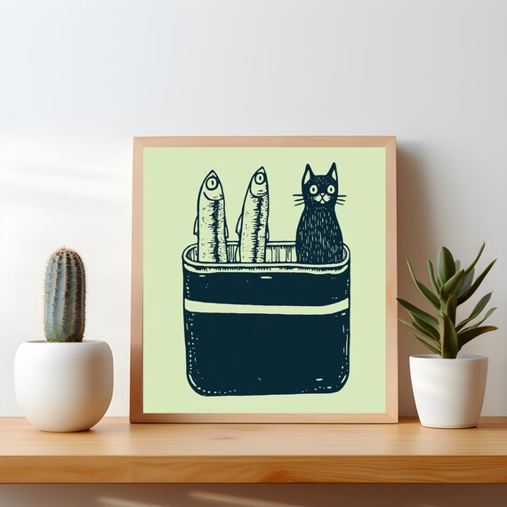 Black Cat In A Sardine Tin With Two Fishes Funny Retro Poster