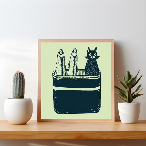 Funny Cat Sardines Poster Quirky Kitchen Wall Art Cute Dining Room Fish Silly Artwork Gift For Lovers