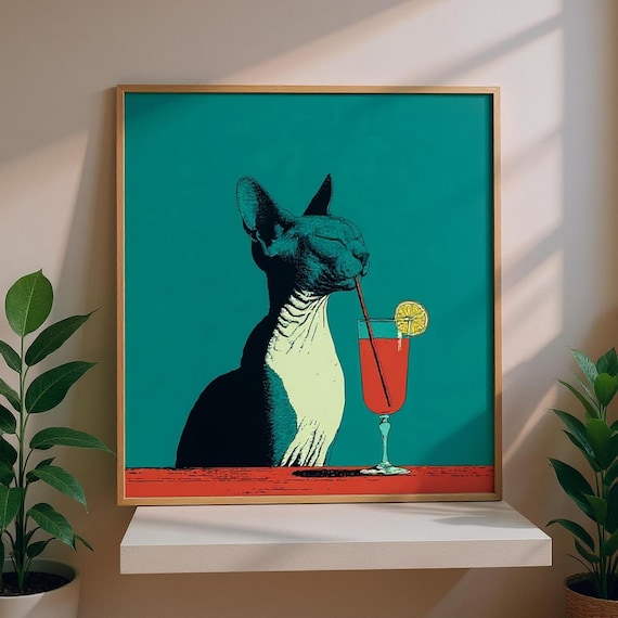 Quirky Sphynx Cat Cocktail Art Print Funny Retro Bar Decor Mom Gift Hairless Poster Drink Wall Indie Lover