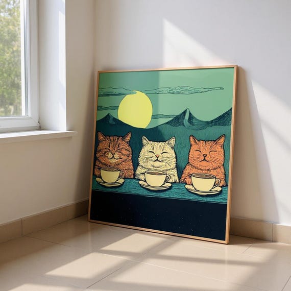 Mountain Cats Coffee Print Funny Cat Poster For Lovers Quirky Outdoor Art Cute Bar Decor Gift