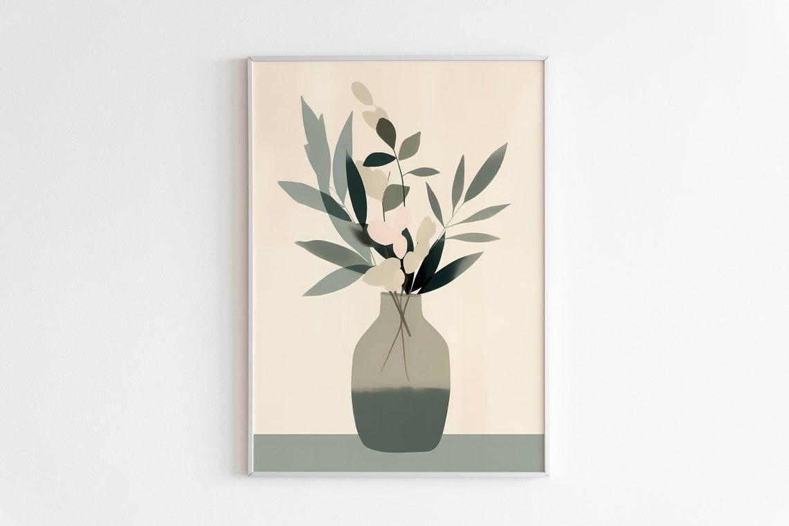 Neutral Minimalist Botanical Vase Cream Leaves Sage Tone Poster