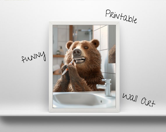 Funny Bear Brushing Teeth Wall Art L Cute Animal Frame For Bathroom Fun Design Home Decoration Best Gift