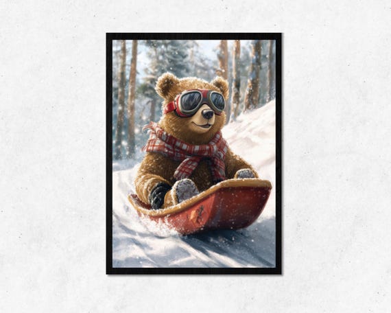 Adorable Winter Bear On Sled Wall Art L Funny Animal With Snow Home Decoration Cute Frame Room Decor