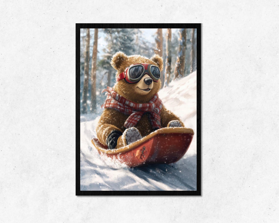 Adorable Winter Bear On Sled Wall Art L Funny Animal With Snow Home Decoration Cute Frame Room Decor