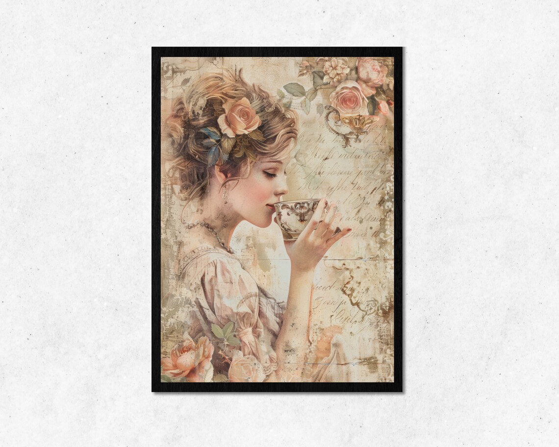 Victorian Tea Time Woman Pink Roses Vintage Distressed Romantic Poster