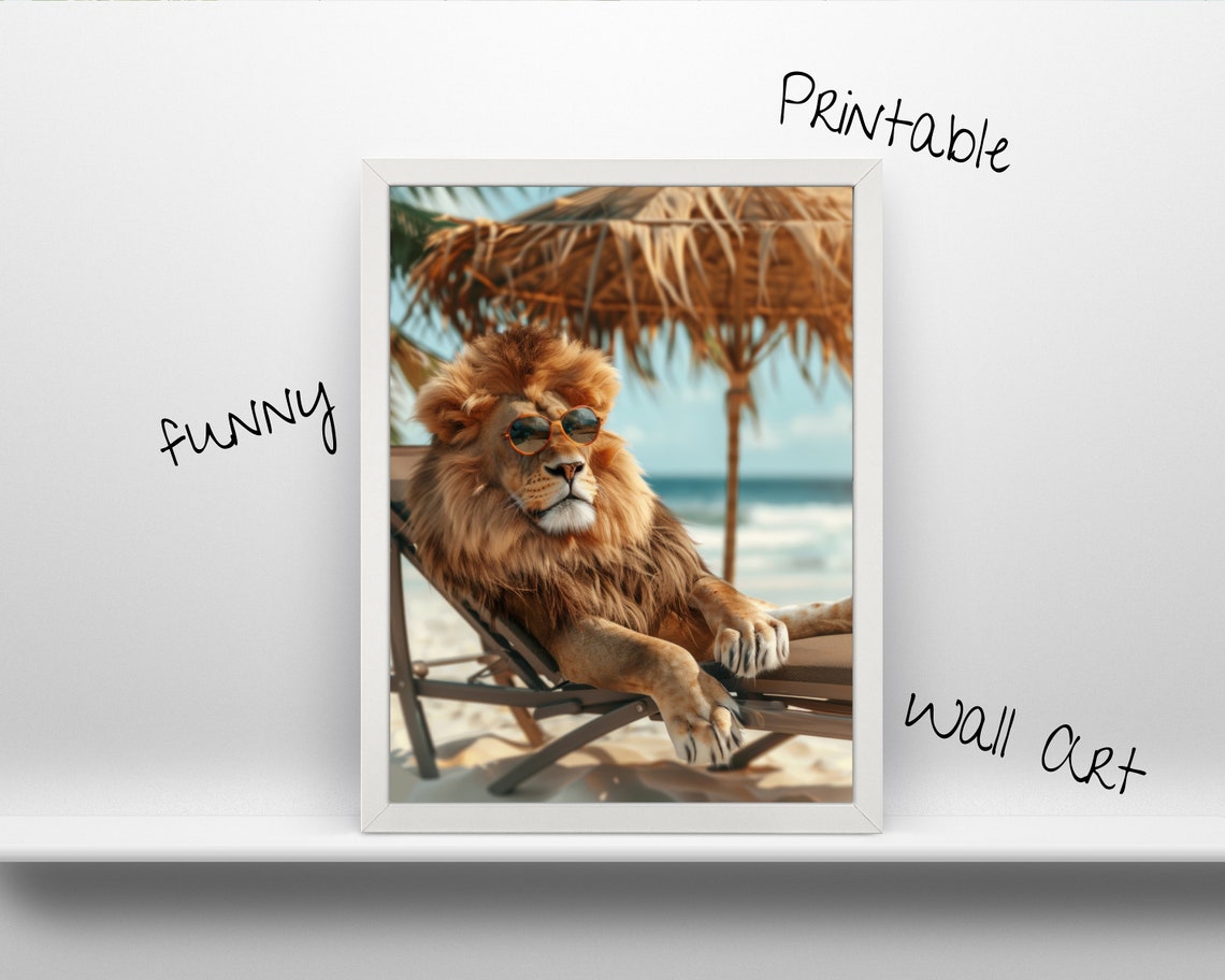 Hot Summer Lion On The Beach Wall Art L Funny Animal Design Home Decoration Fun And Cute Room Decor Frame