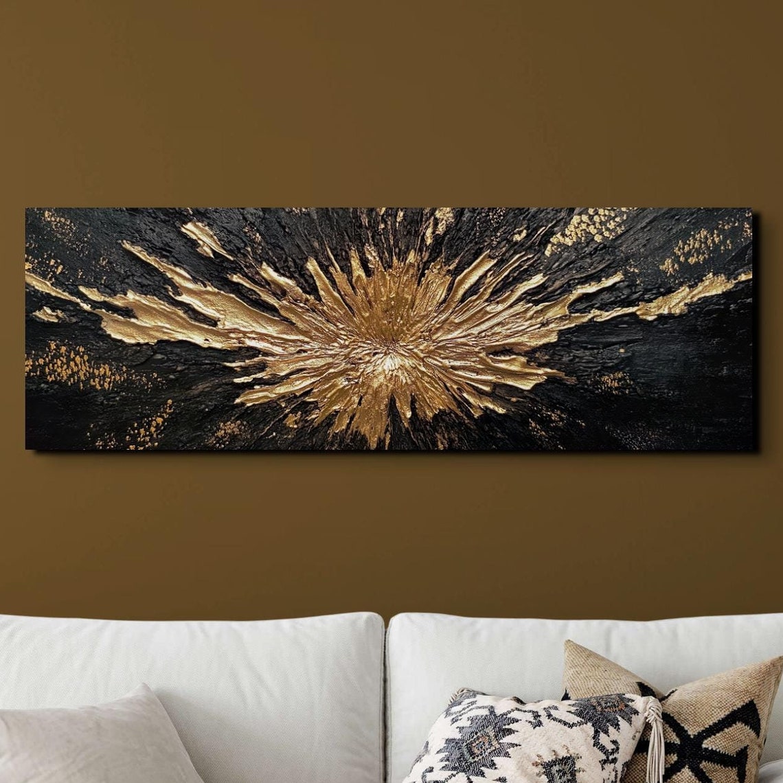 Gold Splash Burst On Black Textured Abstract Panoramic Art Poster