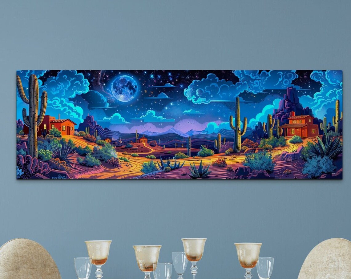 Southwest Desert Watercolor Art Print, Panoramic Cactus
