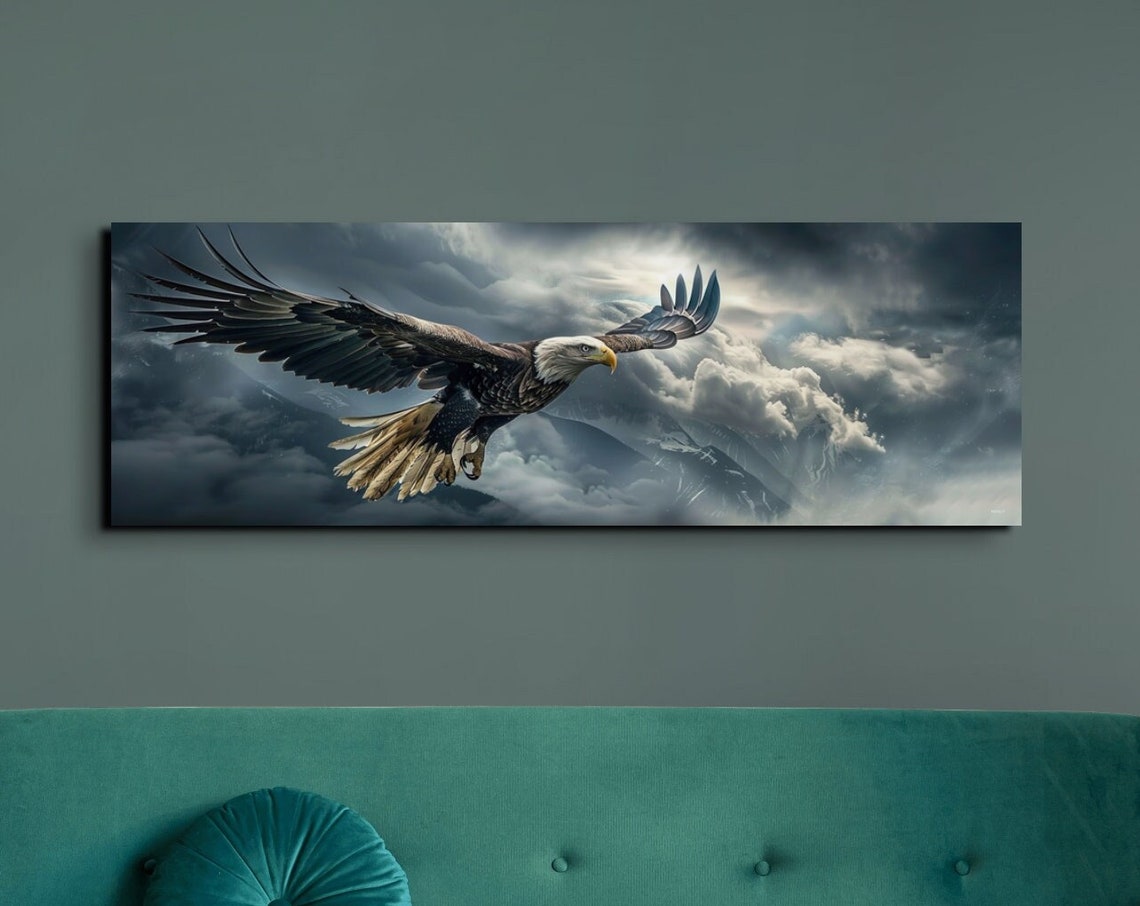 Majestic Bald Eagle Soaring Over Storm Clouds and Mountains Poster