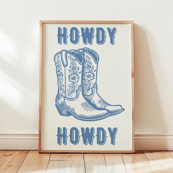 Howdy Blue Cowboy Boots Western Vintage Floral Line Art Poster