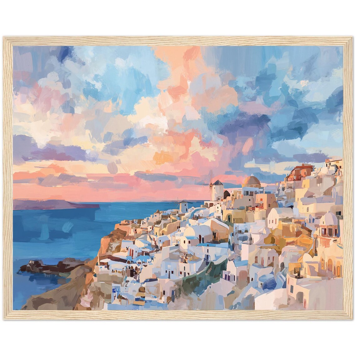 Santorini Painting Art Print, Panoramic Impressionism