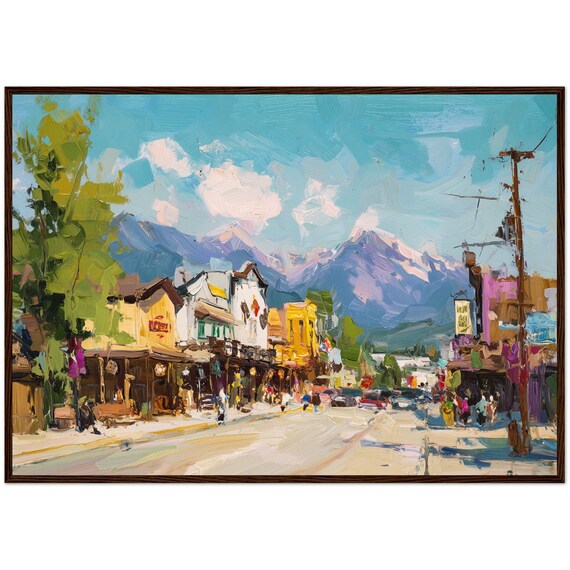 Jackson Hole Wyoming Western Town Street Mountain Oil Painting Wall Art