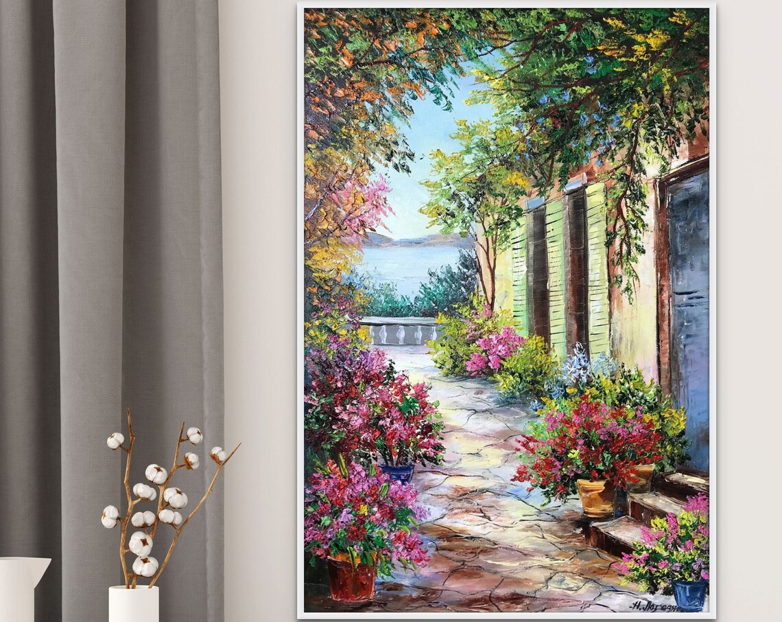 Italian Mediterranean Terrace Garden Sea View Oil Painting Poster - Image 3