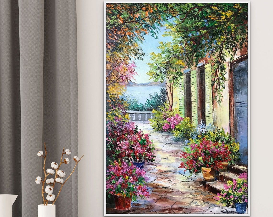 Tuscany Italian Painting Oil Original Landscape Painting For Kitchen Summer In The Garden Wall Art Decor Italian Village Painting Italy Gift - Image 3