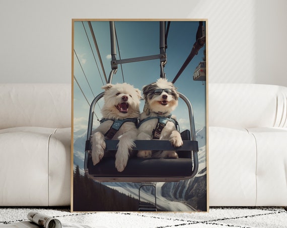 Dogs In A Ski Resort Poster Skiing Wall Art Funny Animal Wall Art Animal Prints Skiier Gift Idea Dog Lover Decor File