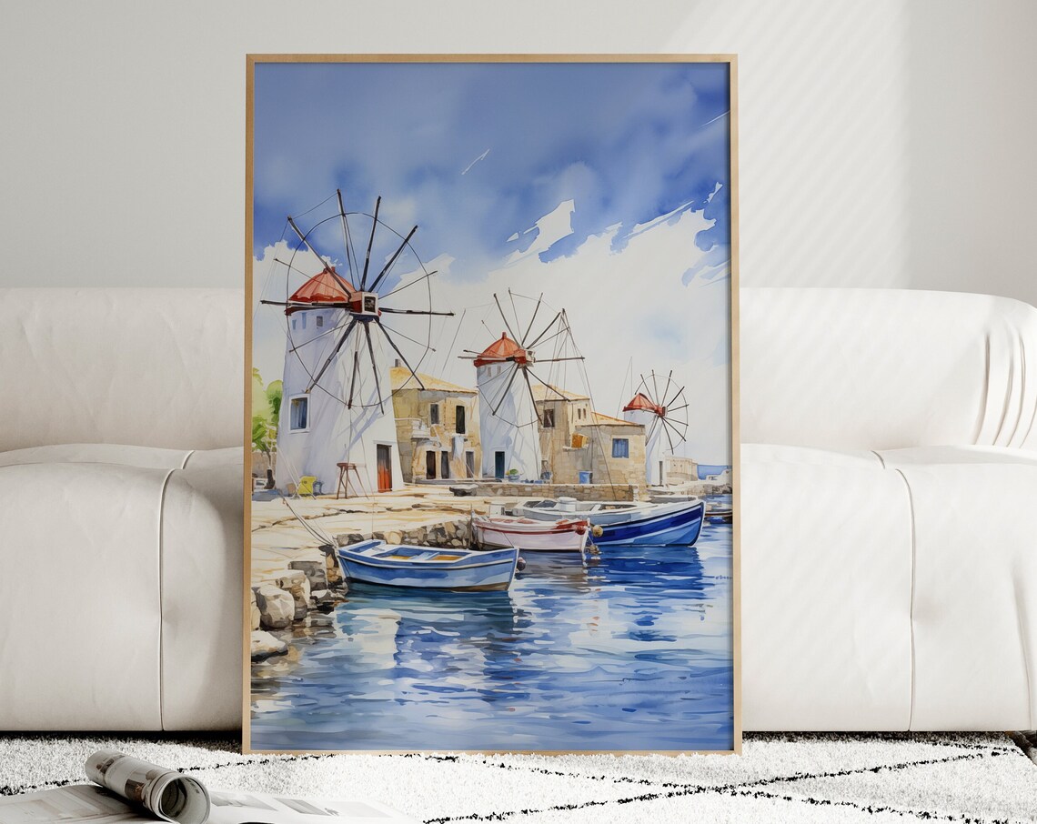 Mykonos Windmills Harbor Watercolor Greece Painting Art Poster