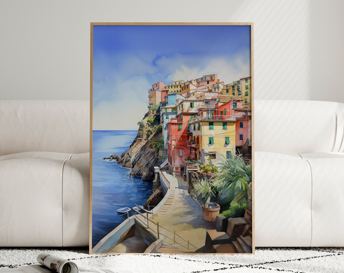 Cinque Terre Colorful Cliffside Village Italy Watercolor Poster