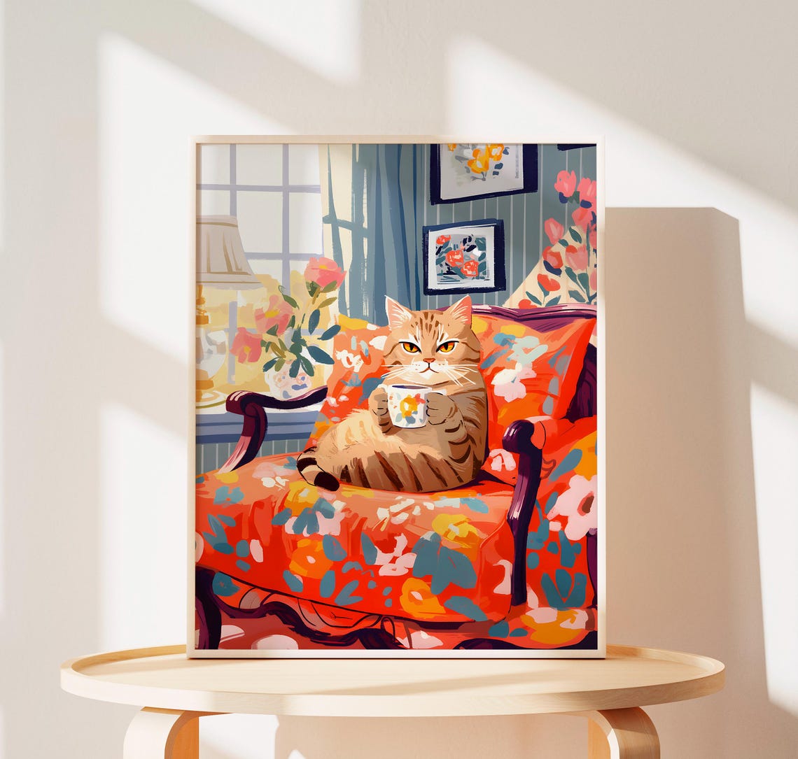 Golden Tabby Cat Lounging with Teacup on Orange Armchair Poster