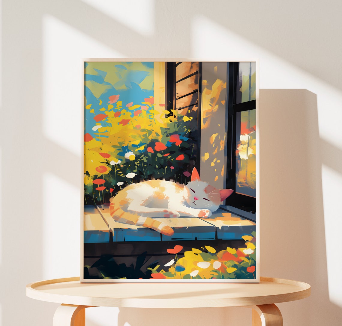 Sleeping White Cat on a Sunny Flower-Filled Windowsill Poster