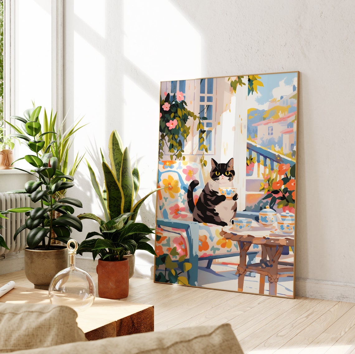 Black and White Cat Drinking Tea on a Sunny Balcony Art Poster - Image 2