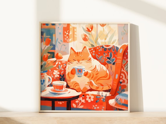 Sunny Orange Tabby Cat Sipping Coffee in Red Armchair Poster
