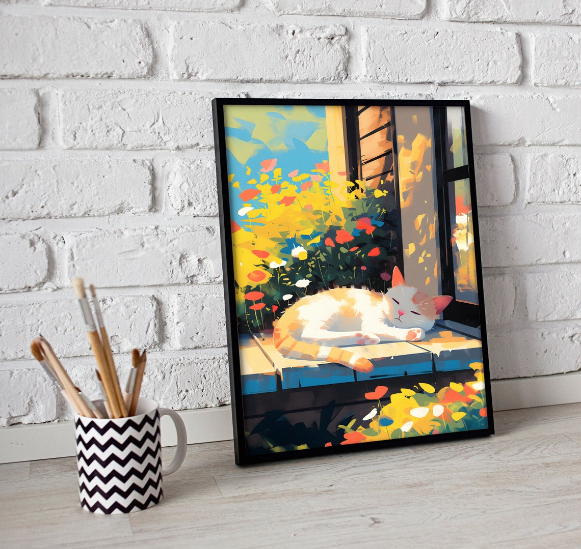 Sleeping White Cat on a Sunny Flower-Filled Windowsill Poster - Image 3