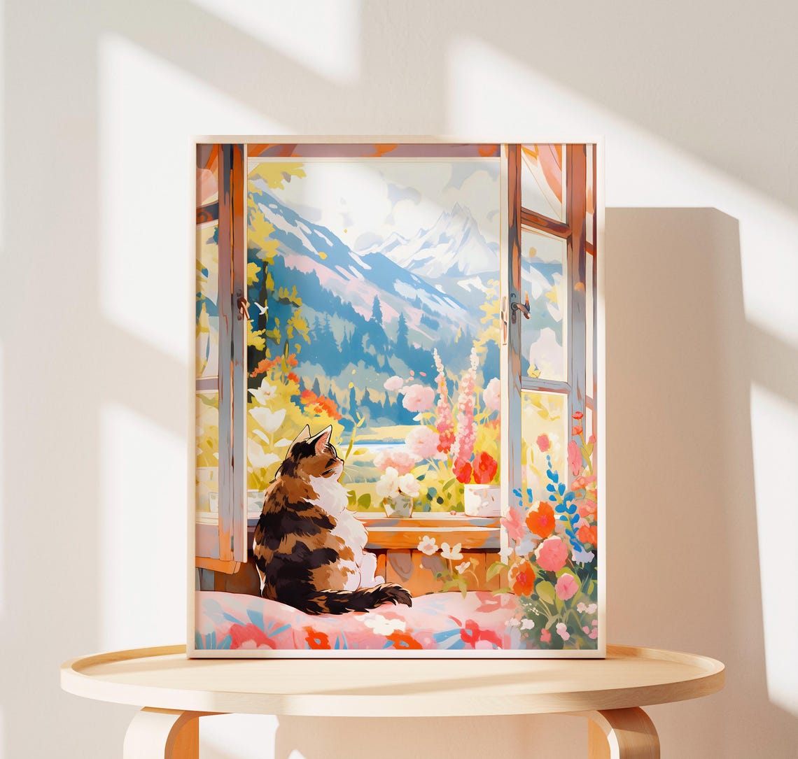 Longhair Cat Gazing at the Alps from a Flower-Filled Window Poster