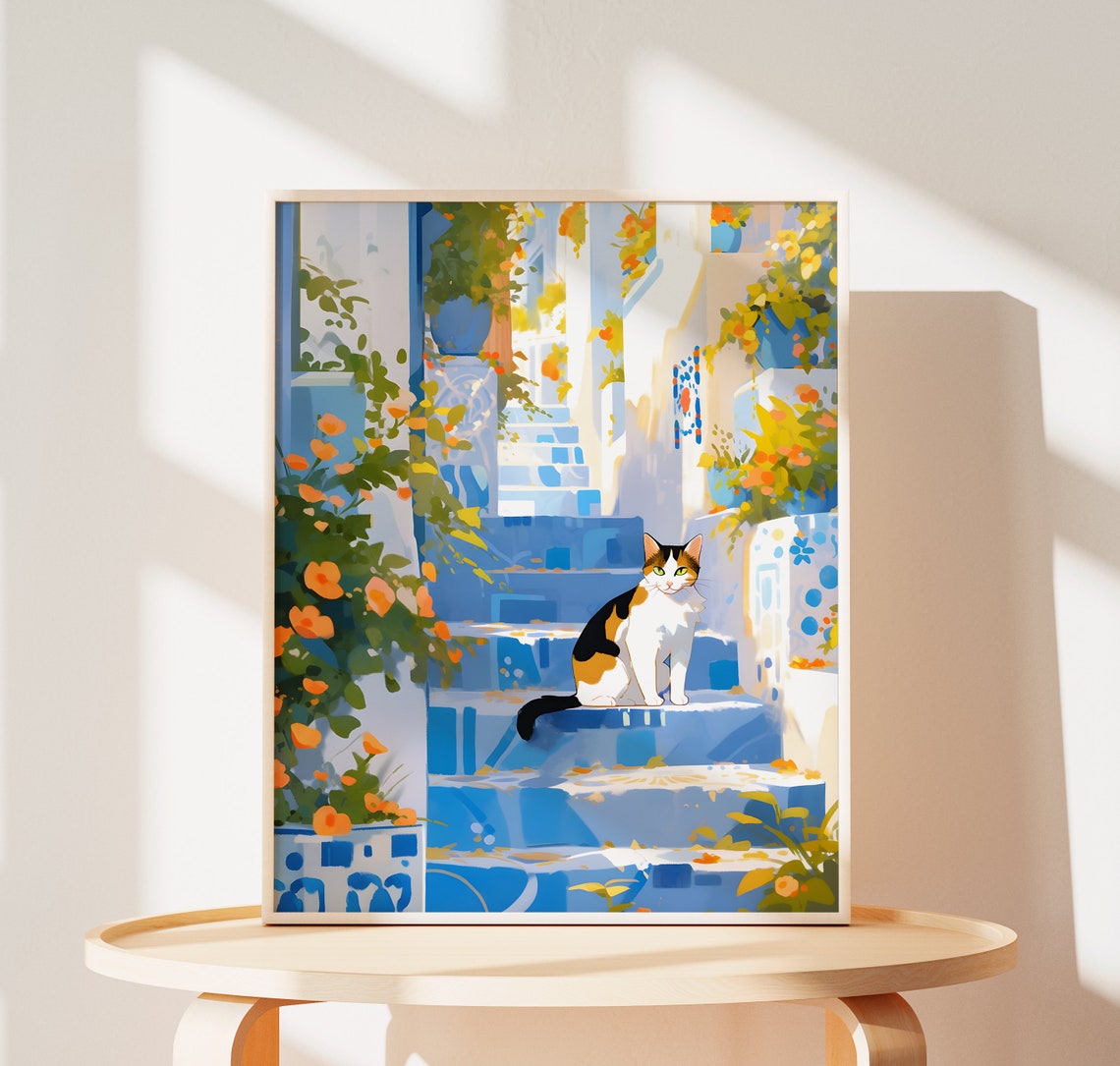 Calico Cat Sitting on Blue Steps in a Moroccan Village Poster