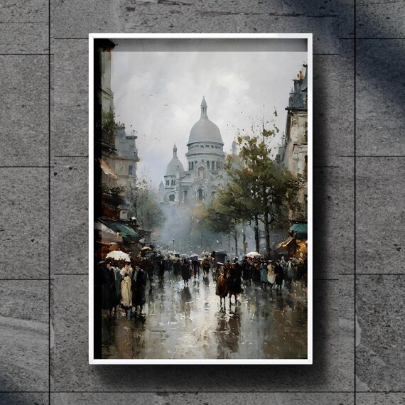 Paris Art Print Sacrcur Montmartre Rainy Street Impressionist Cityscape Painting French Travel Wall