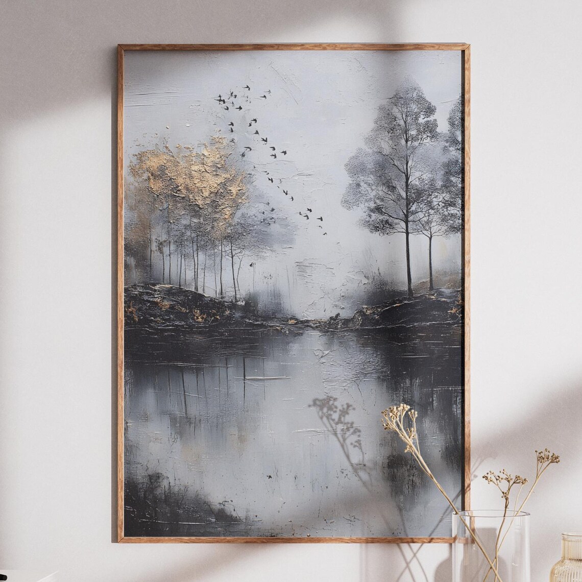 Abstract Monochrome Forest Lake With Gold Accents Birds Art Poster