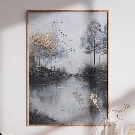 Abstract Forest Lake Painting With Gold Accents Minimalist Landscape Wall Art Print Black White Grey Textured