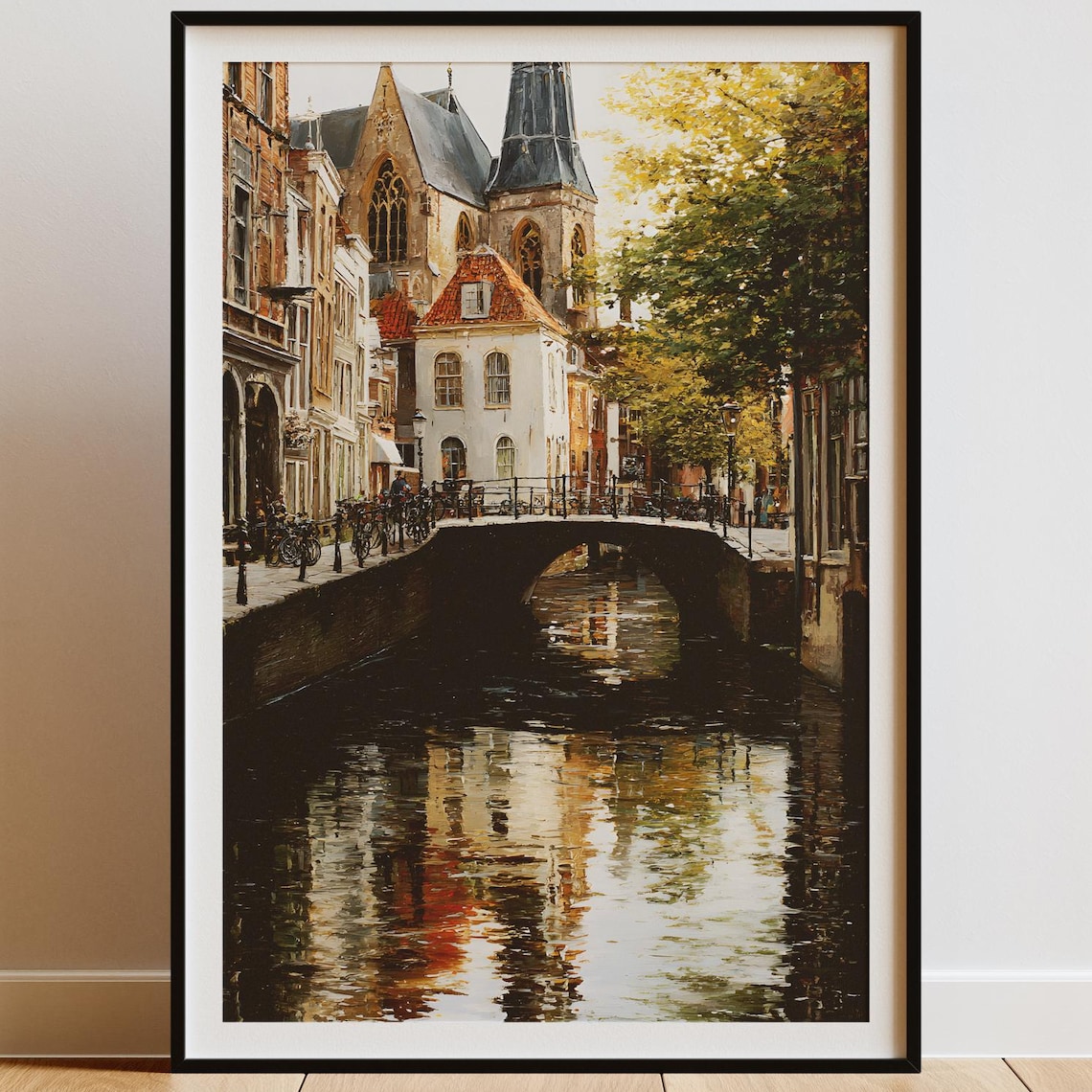 Dutch Canal City Bridge Church Oil Painting European Travel Poster