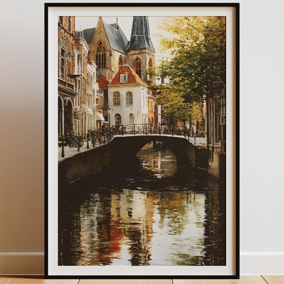 Dutch Canal City Art Print European Bridge Painting Historic Town Travel Wall Instant Holland Decor