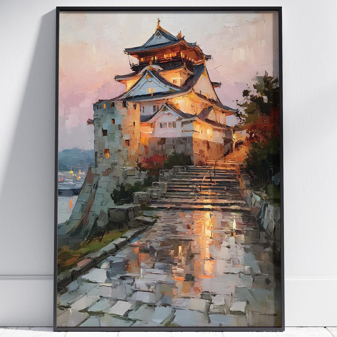 Japanese Castle Dusk Illuminated Tower Stone Steps Painting Art Poster