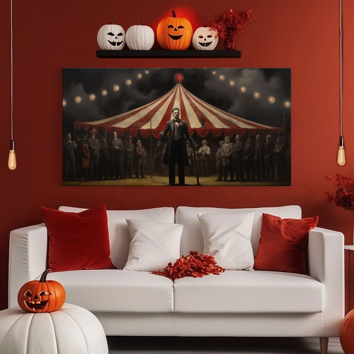 Creepy Ringmaster Before Red Striped Circus Tent At Night Print - Image 6