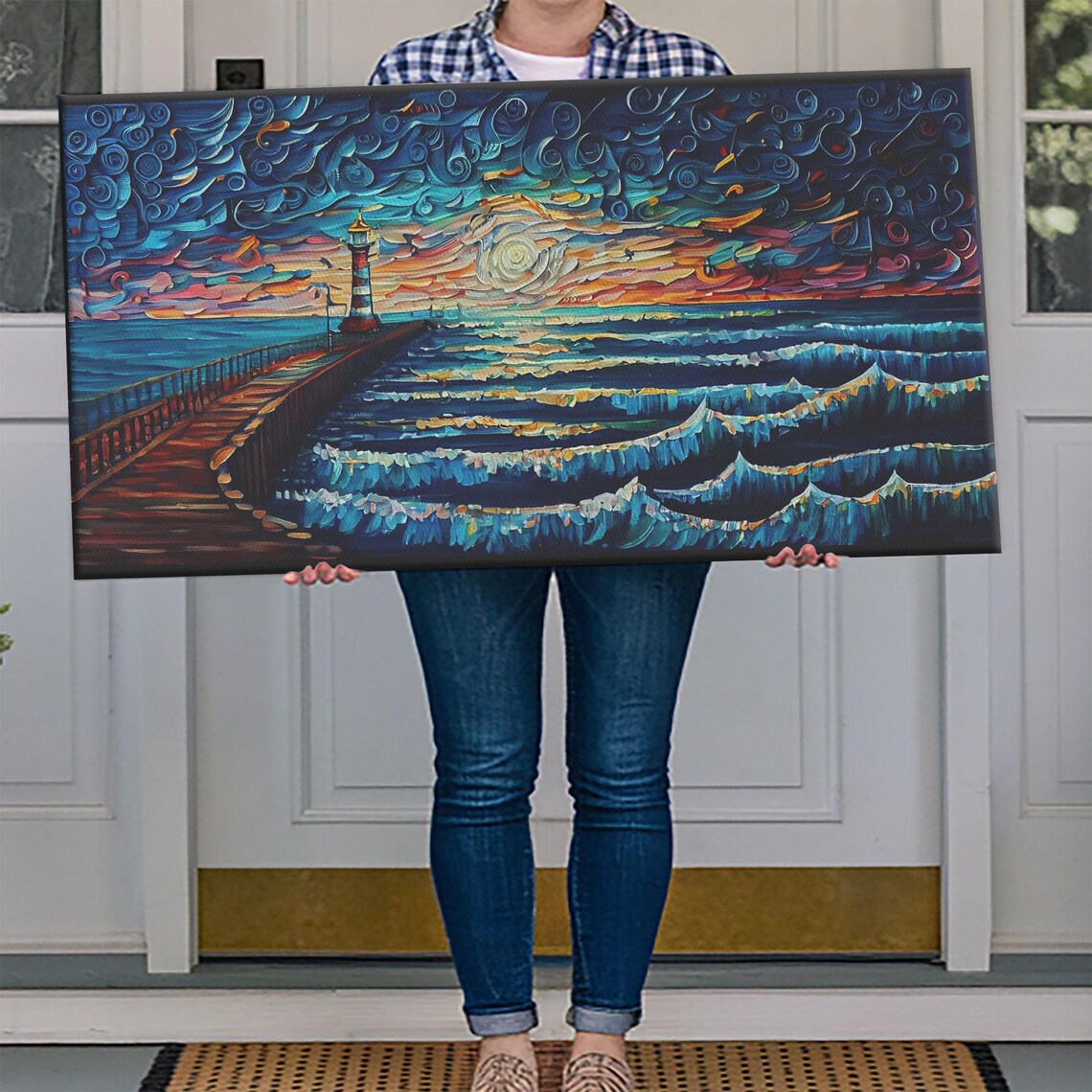 Starry Night Lighthouse Pier Crashing Waves Impasto Ocean Painting Poster - Image 4