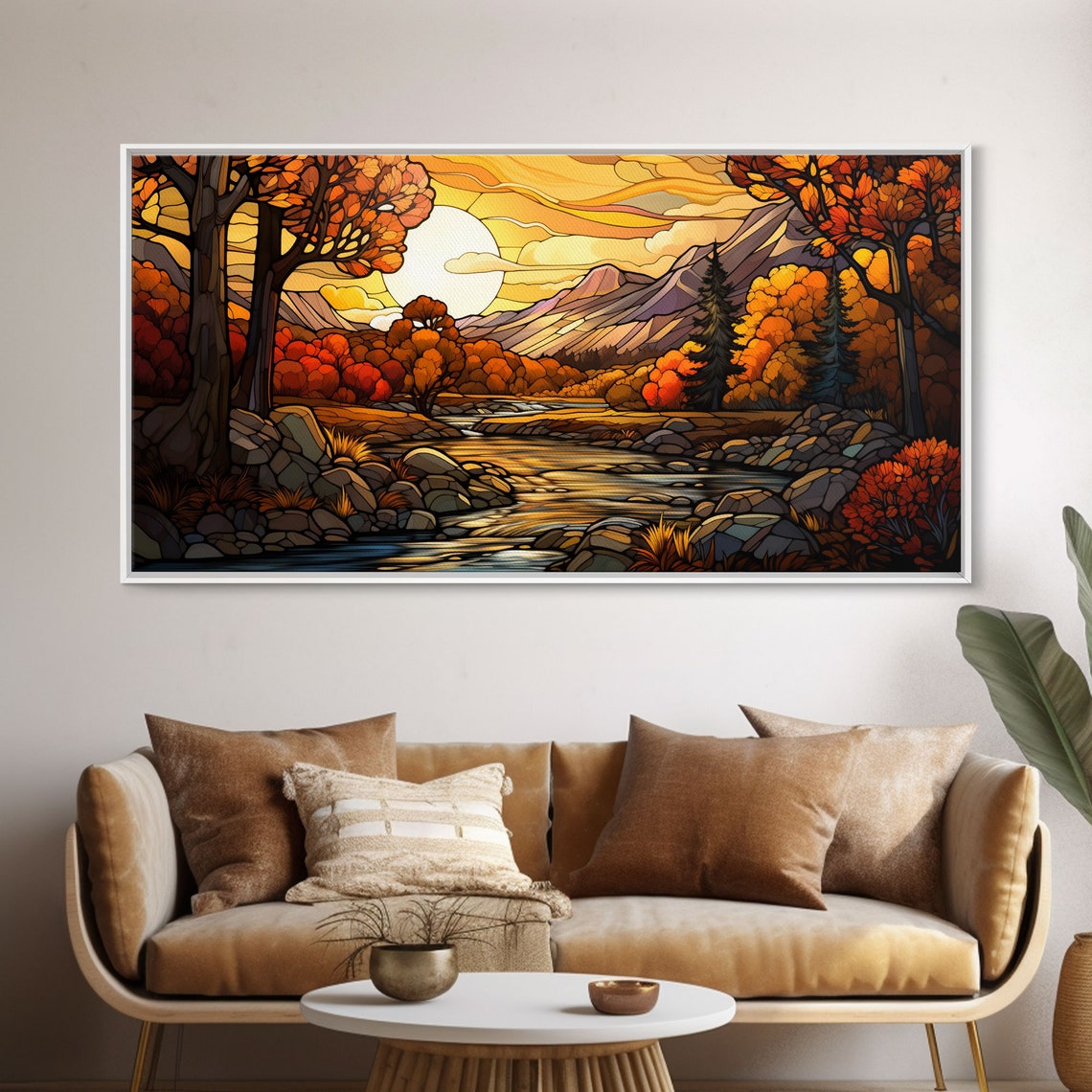Stained Glass Autumn Mountain River Fall Trees Colorful Window Art - Image 5