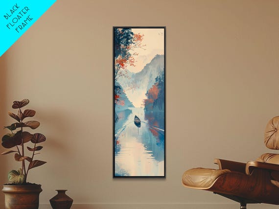 Serene Japanese Landscape Framed Print Featuring A Calm River Scene With Boat And Misty Mountains Traditional Wall Art Ready To Hang