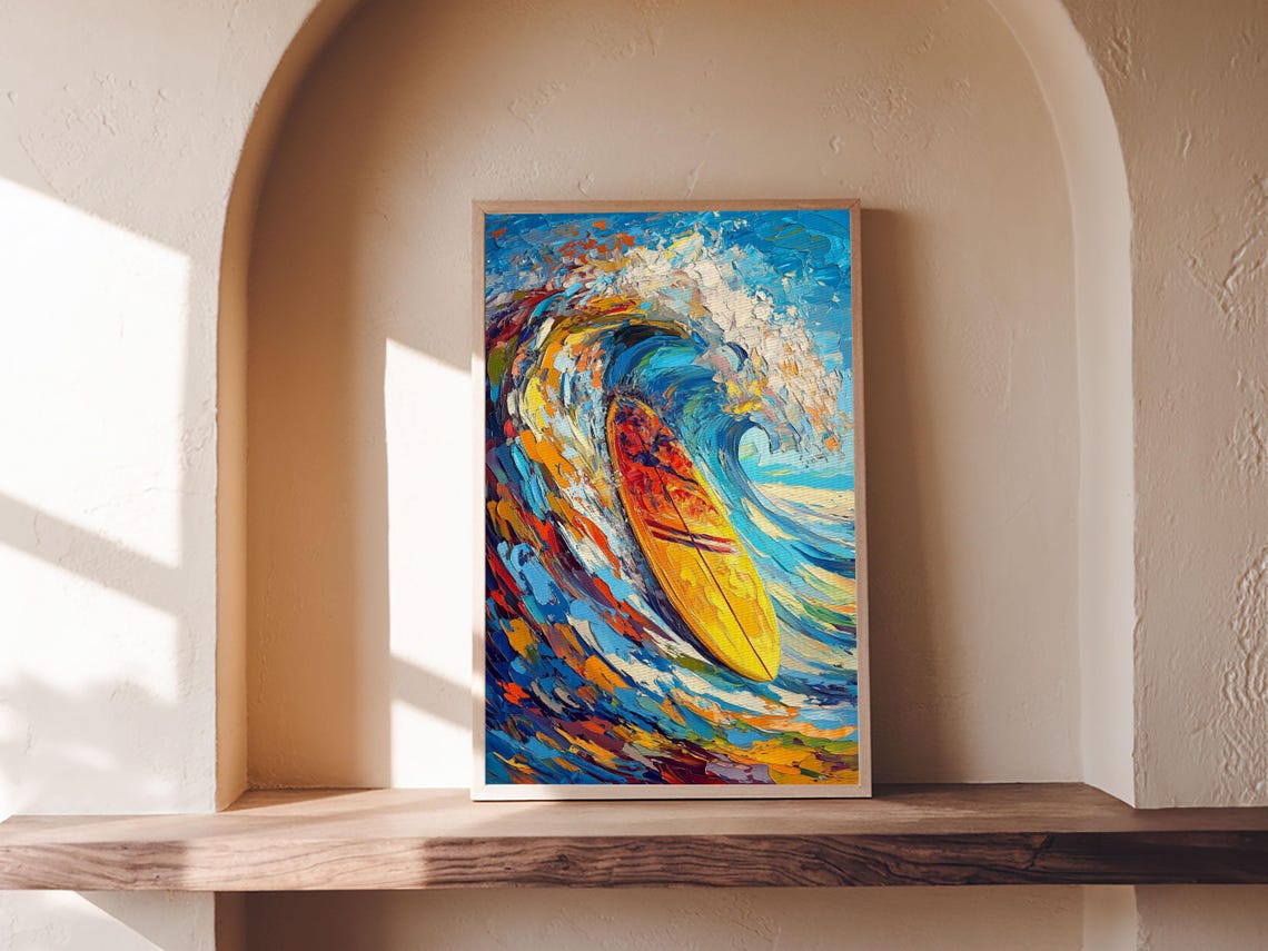 Yellow Surfboard Riding Blue Wave Abstract Ocean Surf Art Wall Poster - Image 5