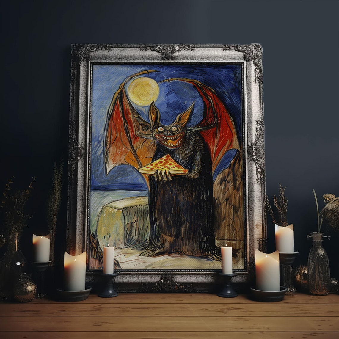 Vampire Bat Pizza Full Moon Starry Night Funny Whimsical Art Poster