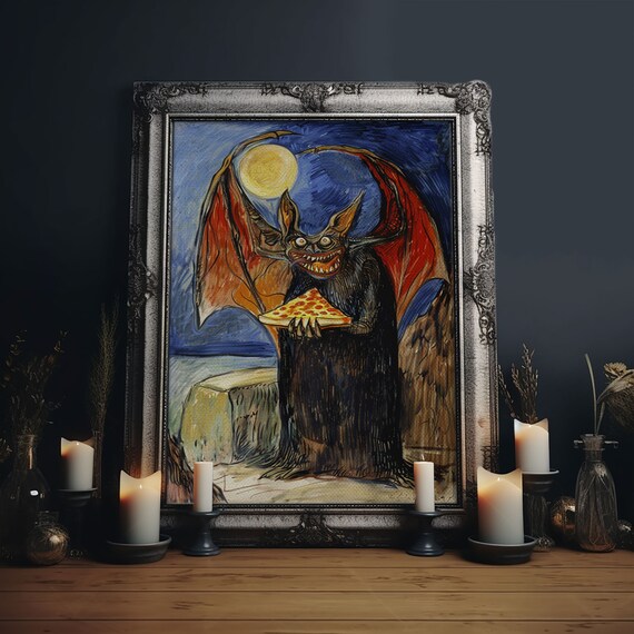 Vampire Bat Pizza Full Moon Starry Night Funny Whimsical Art Poster