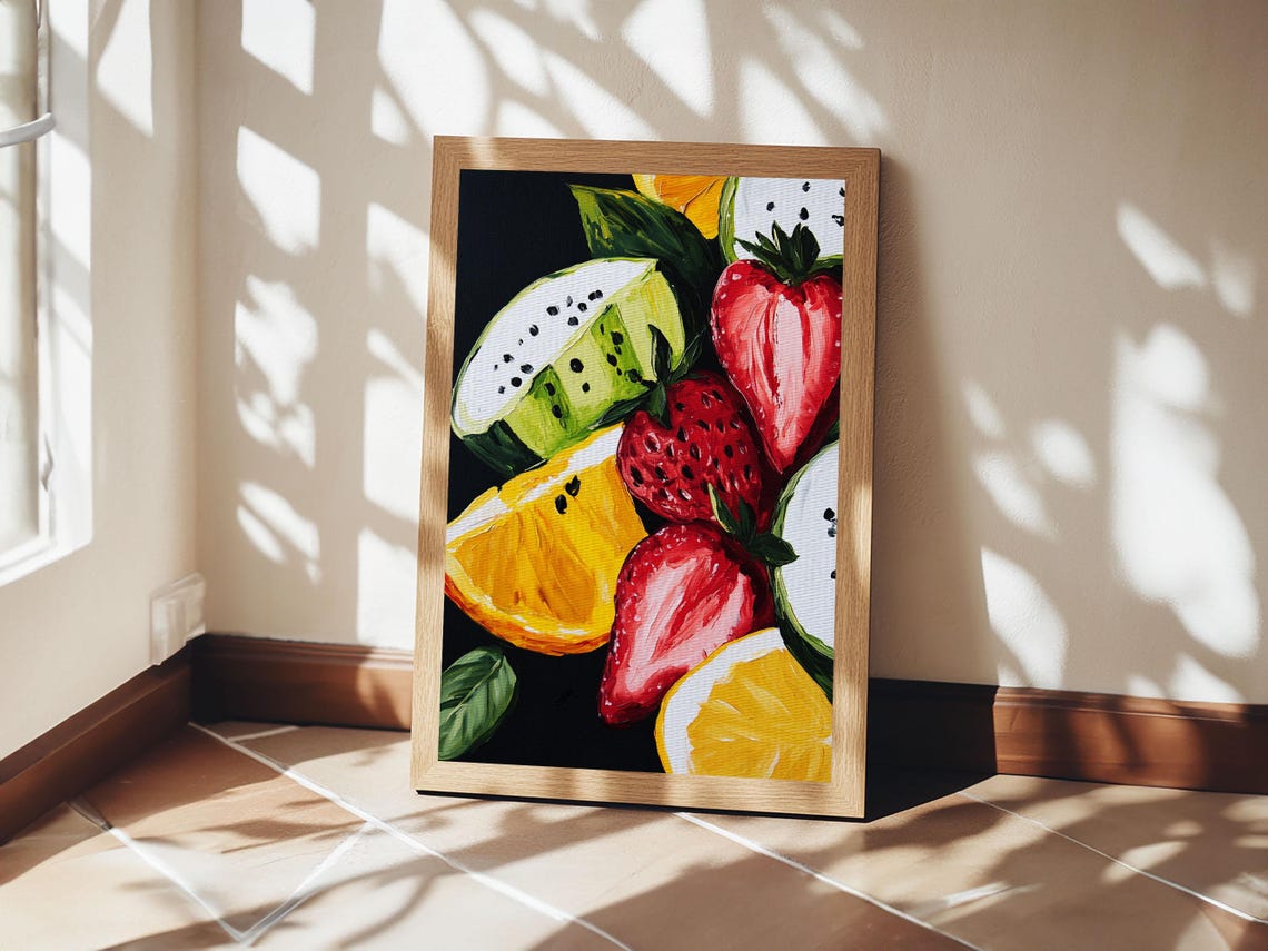 Bold Strawberry Orange Dragon Fruit Still Life Kitchen Art Print - Image 5