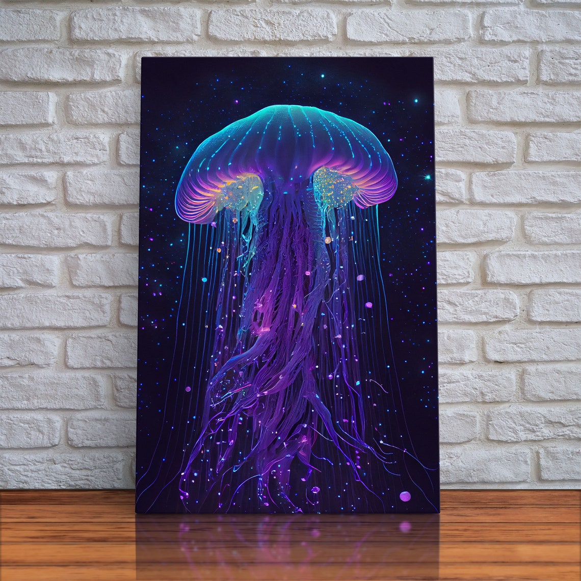 Bioluminescent Jellyfish Cosmic Starry Night Neon Synthwave Art Poster - Image 5