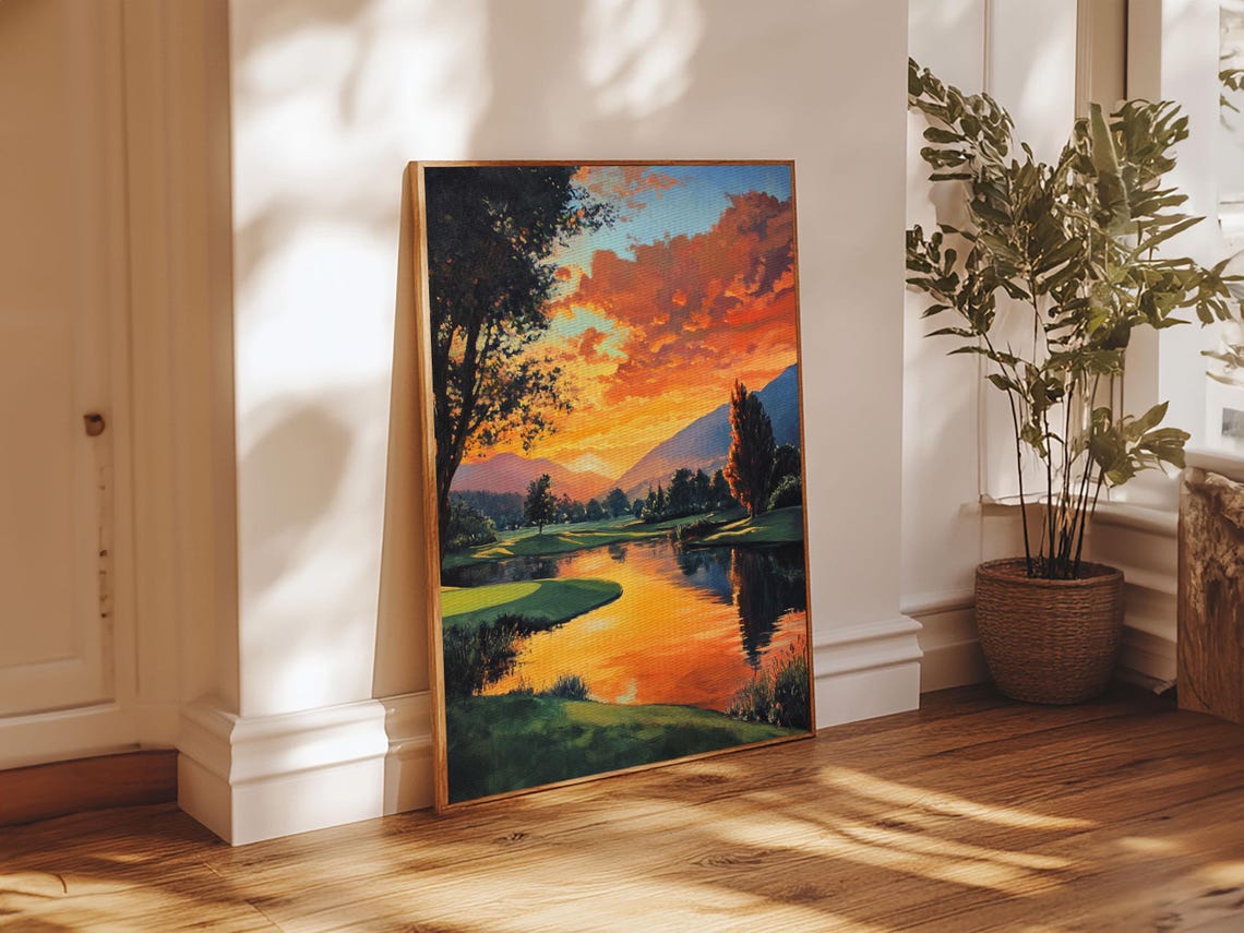 Golden Sunset Golf Framed Print Landscape Wall Art Rustic Horizontal Decor Living Room Painting Gift Idea For Him - Image 3