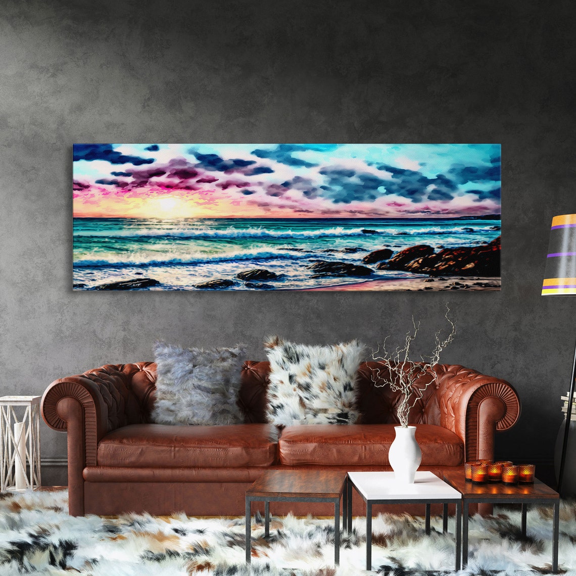 Panoramic Vibrant Beach Sunset Magenta Clouds Rocky Shore Waves Poster - Image 3